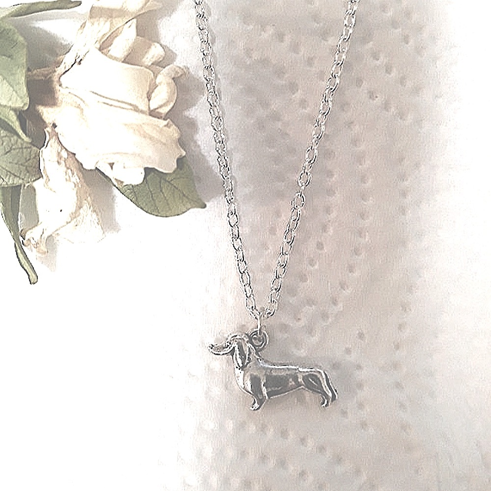 Silver Dog Doxie Dachshund  Necklace Crystal Paw 18"-22" Adjustible Chain NEW